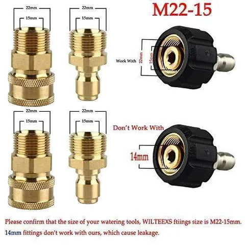 Heavy Duty M22-15mm To Three Eighths Inch Quick Connect Adapter Set For Pressure Washers Up To 5000 PSI components displayed