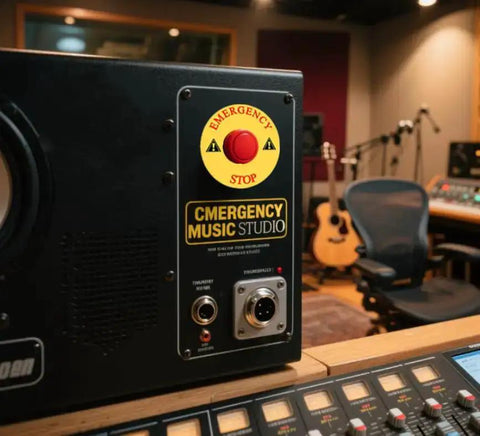 Emergency stop button with yellow ring in music studio