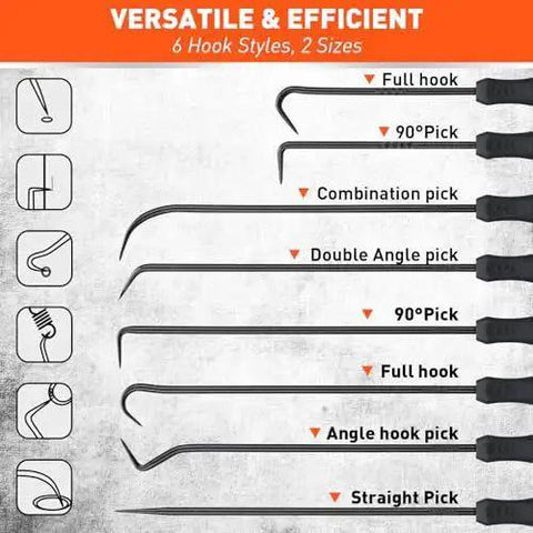 Diagram showing Professional 8 Piece Hook And Pick Set For Automotive Precision Work With Oil Seal Puller And Ergonomic Handles HORUSDY