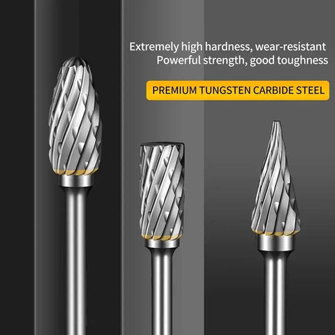 Carbide Burr Set for Rotary Tools with Ten Pieces and One Eighth Inch Shank, Double Cut Pro Grade Rasp Bits For Metal Engraving