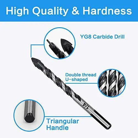 Close-up of the 10-Piece Masonry Drill Bit Set for Concrete Tile Glass Ceramic Brick 1 Eighth to 1 Half Inch Heavy Duty Tungsten Carbide Alloy Tip with Triangle Handle and U Type Slot Design Black, showing triangular handle and U-shaped thread design.