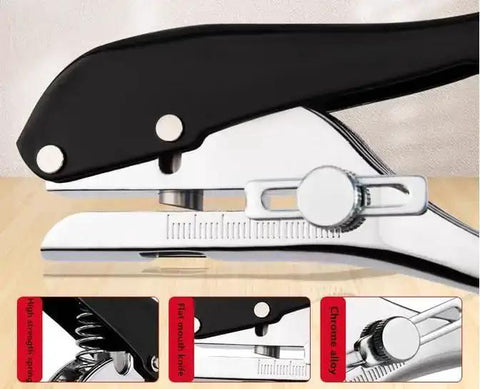 Heavy Duty Round Hole Punch One Quarter Inch 6mm Handheld Paper Punch with black ergonomic handle and zinc alloy body on table