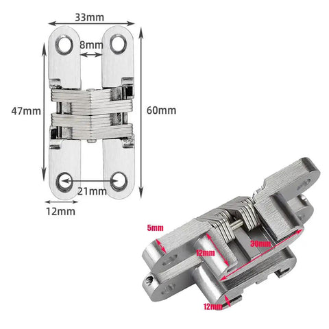 Diagram of 2 Pack Concealed Hidden Mortise Door Hinges For Folding Doors In Stainless Steel With Screws Invisible Cross Door Hinge.