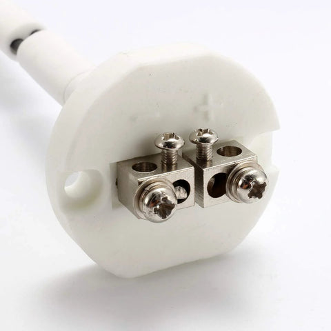 K-type thermocouple block insulator for kiln with dual terminal blocks and screws, white ceramic body.