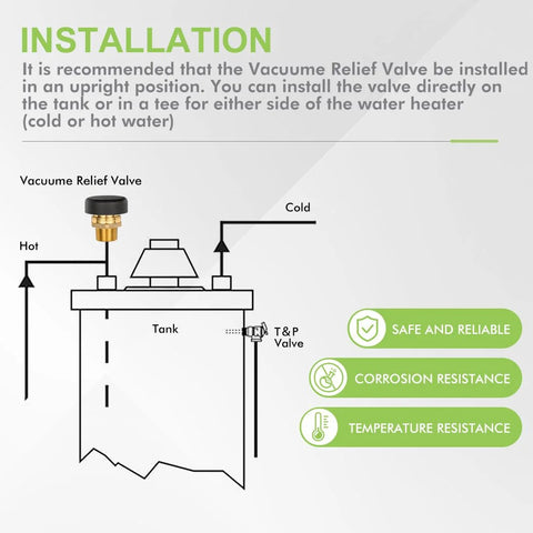 ORIANSE vacuum relief valve, brass 3/4 inch, low-profile valve for water heater tanks with dust cover.