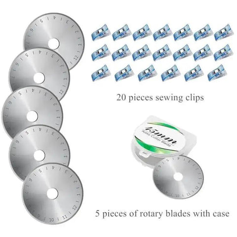 All In One 45mm Rotary Cutter Set For Sewing And Quilting With 5 Extra Blades, 20 Sewing Clips, and Blade Case in Turquoise