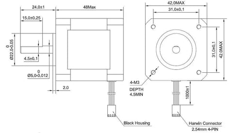 Technical drawing of 3PCS Nema 17 Stepper Motor 84oz.in 2A 48mm 4-Wire 1m Cable showing dimensions and wiring details.