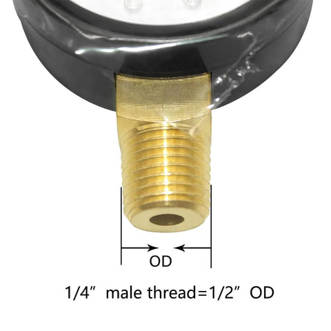 Brass pressure gauge connector with 1/4 inch male NPT thread, lower-mount