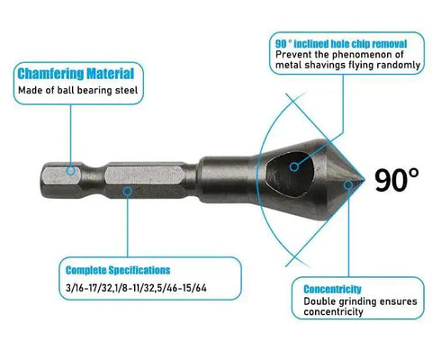 Chamfer Bit Set 3 Piece With A One Quarter Inch Hex Shank Countersink Deburring Bits For Metal Wood And Plastic Razor Sharp Edges