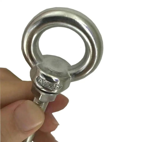 4 Pack M8 Stainless Steel Eye Bolts With Washers And Nuts, close-up of beefy heavy duty ring eyebolt, 20mm ring diameter.