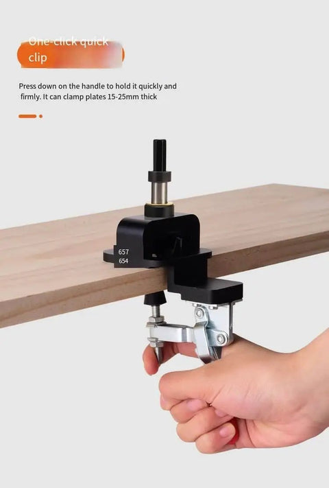 35mm Hinge Drilling Guide for Cabinets and Doors in use on wood piece, adjustable template, fits 16mm to 25mm thick doors
