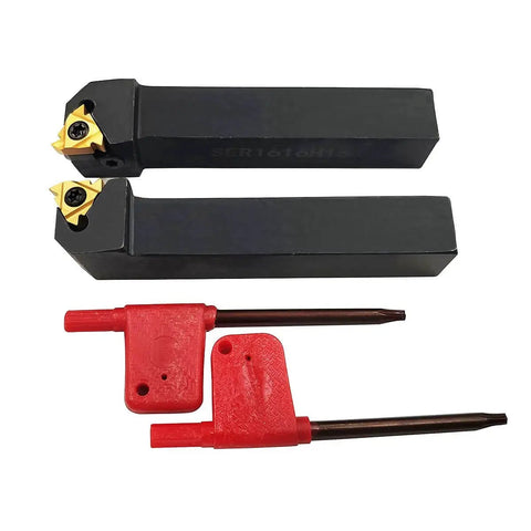Two-Piece CNC Lathe Carbide Indexable Threading Tool Holder Set With SER1616H16 And SEL1616H16, Workhorse, Includes 2x Five Eighths Inch 16ER And 16IR AG60 Inserts And T15 Wrenches, Five Eighths Inch 16mm Shank, Pro Grade Turning For Metalworking Projects.