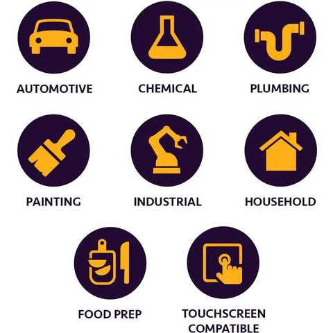 Icons showing uses for 8 Mil Orange Nitrile Gloves With Diamond Textured Grip For Industrial And Food, including automotive and food prep.