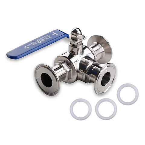 Flow Solutions 1.5 in tri-clamp sanitary ball valve with lever, 304 stainless, 3-way T-port, three silicone gaskets.