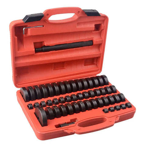 All in One 52 in 1 Bushing Driver Set for Transmission Axle and Wheel Hub Installations Universal Bearing Race and Seal Installer Kit with 50 Interchangeable Tips Heavy Duty Master Tool for Car and Truck Maintenance DAYUAN displayed in an open red case with various black discs and handle.