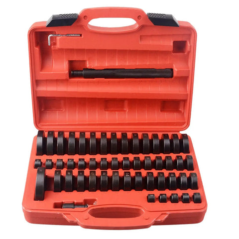 All in One 52 in 1 Bushing Driver Set for Transmission Axle and Wheel Hub Installations in red case with discs and shaft