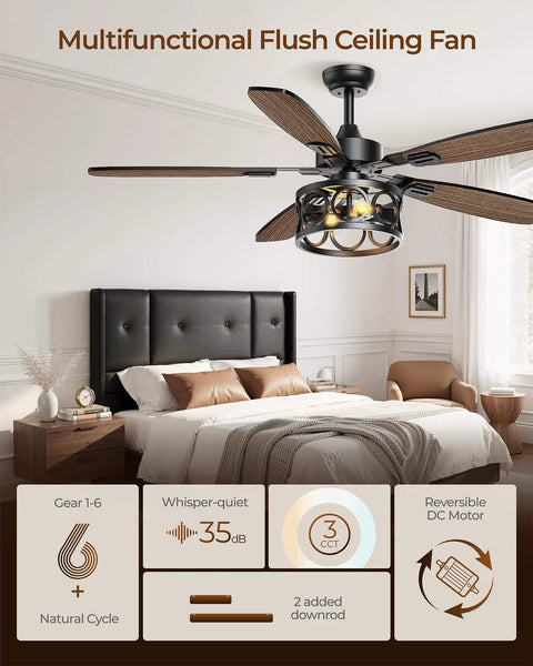52 Inch Vintage Cage Ceiling Fan With Light And Remote, 5 Blades, Flush Mount Whisper Quiet Farmhouse Ceiling Fan For Living Room