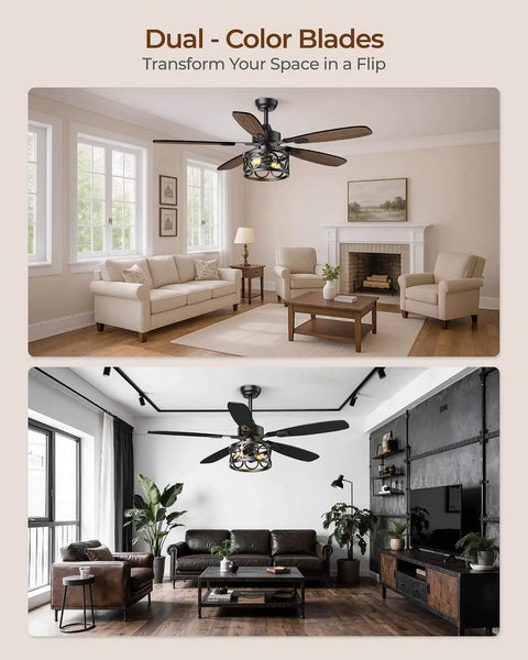 52 Inch Vintage Cage Ceiling Fan With Light And Remote, 5 Blades, Flush Mount Whisper Quiet Farmhouse Ceiling Fan For Living Room