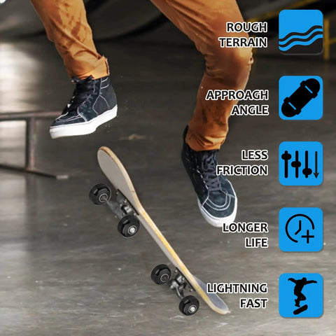 Skateboard in mid-air with Premium 52mm 95A Hard Skateboard Wheel Set With Preinstalled Bearings And Spacers For Street Tricks.
