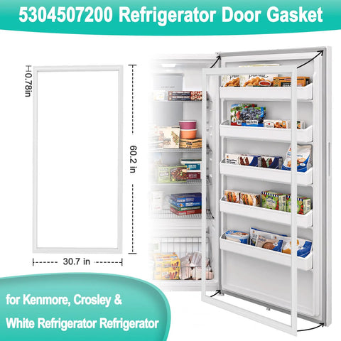Front view of refrigerator door gasket, white seal, 30.7 x 60.2 in, compatible with Frigidaire, Kenmore and Electrolux freezers.