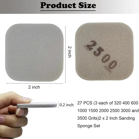 Front and side view of 54 Pack Soft Touch Sanding Pads 2x2 Mesh Grit Pads 320 To 3500 For Plastic showing size and grit number 2500.