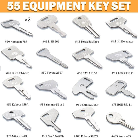 55 Piece Heavy Equipment Keys Master Set For Construction Machinery Ignition Keys That Work With Cat Caterpillar John Deere Komatsu Volvo JCB Case New Holland Hitachi Kubota Takeuchi Hyster Yanmar And More For Loaders Tractors