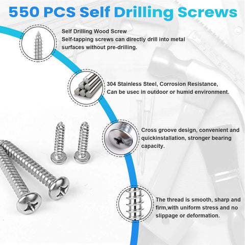 550 Pcs 304 Stainless Steel Wood Screws Assortment with #4 #6 #8 #10 #12 Phillips Pan Head Self Tapping Screws in 18 Sizes from 1/4 to 1-1/2 Inch for Metal Wood Drywall and Concrete.