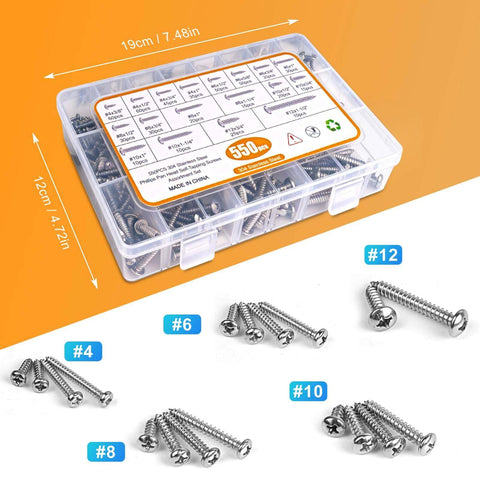 550 Pcs 304 Stainless Steel Wood Screws Assortment with #4 #6 #8 #10 #12 Phillips Pan Head Self Tapping Screws in 18 Sizes displayed in clear organizer.