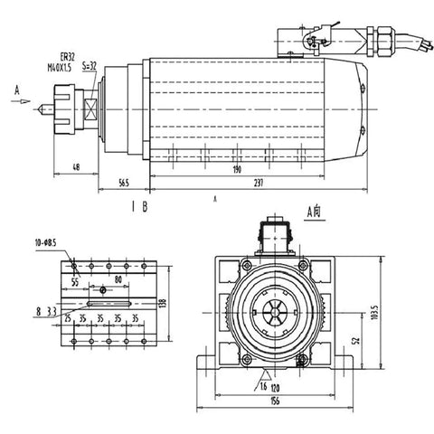 Technical drawing of Beefy 5.5KW 380V Air Cooled Spindle Motor With ER32 Chuck Four Bearing Square Mounting Flanges For CNC Router