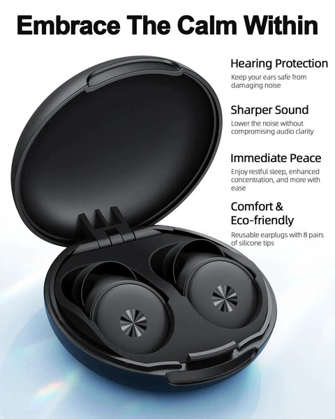 55dB Noise Cancelling Ear Plugs For Sleep And Focus in open durable case, reusable silicone with seven tips, ideal for concerts and snoring.