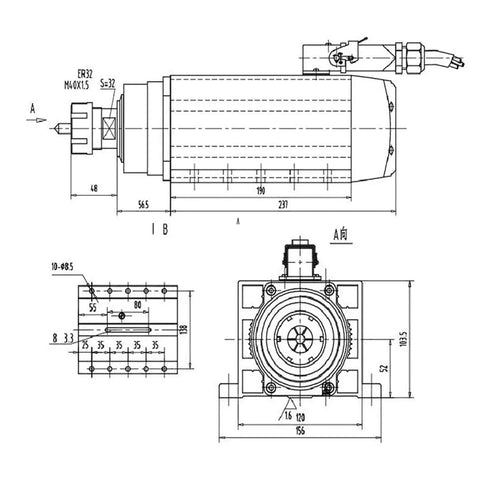 Technical drawing of High Power 5.5KW 380V Air Cooled Spindle Motor With ER32 Chuck Four Bearing Square Spindle Flanges