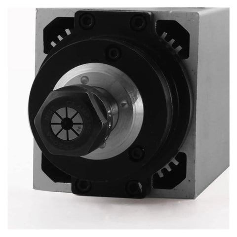 Close-up of Beefy 5.5kW Air Cooled Spindle Motor with ER25 collet, ceramic ball bearings, square flange mount for CNC milling.