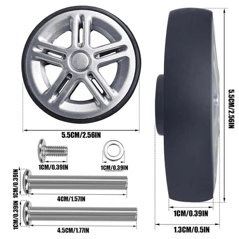 Luggage Suitcase Replacement Wheels Wear Resistant Silent Swivel Casters Repair Kit Silver 55mm side view with dimensions and accessories