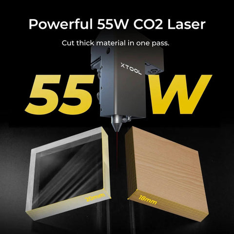 55W CO2 Laser Cutter And Engraver Desktop Machine with cutting examples of acrylic and wood thickness visualized