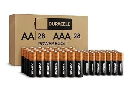 56 Count AA And AAA Alkaline Batteries In A Reclosable Pack displayed with Duracell box