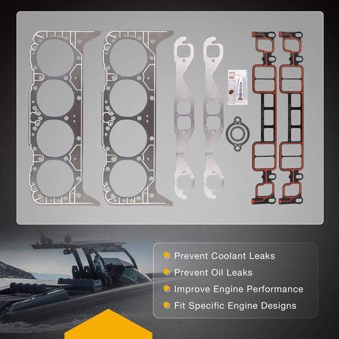 5.7L Engine Head Gasket Set with RTV Silicone Gasket for Mercruiser Volvo Penta Crusader GM Marine V8 Motors displayed with components
