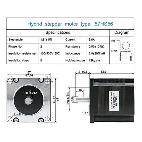 Blueprint and specifications of 57x57mm Stepper Motor 1.2Nm 3A 1.8 Degree 57HS56 for CNC Milling