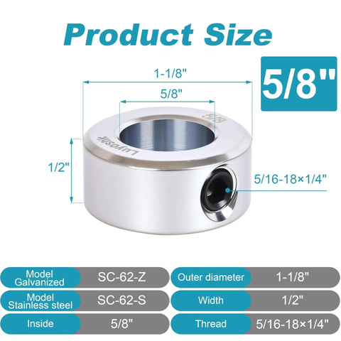 8 Pieces 5/8 Inch Bore Shaft Collars Zinc Plated Set Screw With 1-1/8 Inch Outer Diameter And 1/2 Inch Width Product Dimensions