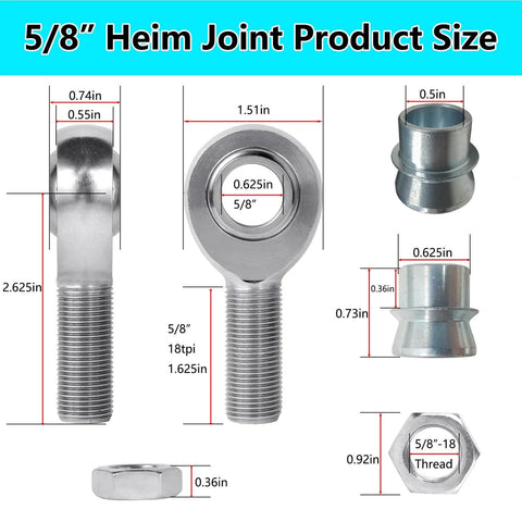5/8 Heim Joint Rod End Kit 2 Pair with Right and Left Hand Threads, .625 Chromoly Panhard Joints dimensions and components