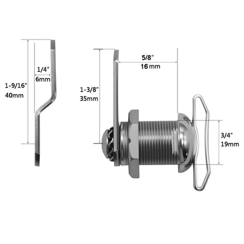 Five Eighths Inch Thumb Operated Offset Cam Lock for RV Compartments side view with measurements