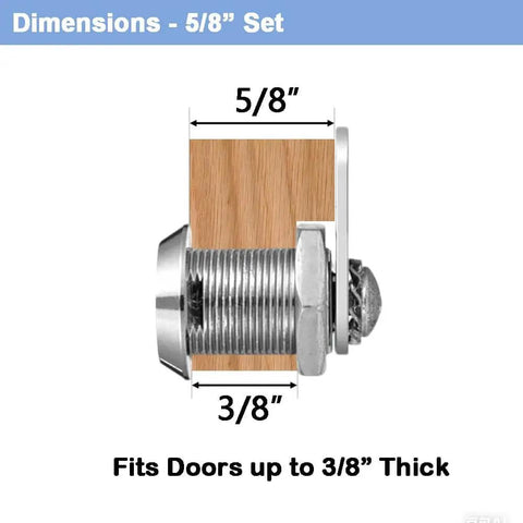 Side view of 5/8 inch cam lock with zinc alloy showing thickness fit for doors under 3/8 inch for secure your tool boxes, mailboxes, RV compartments and pickup trucks with this 3-pack of 5/8 inch keyed-alike cam locks in durable zinc alloy, featuring easy-to-use keys and consistent fit for doors under 3/8 inch thick.