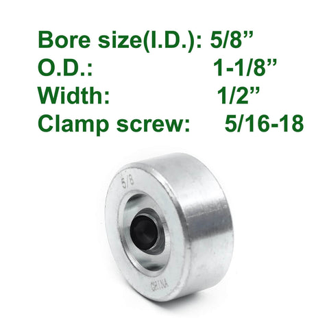 Close-up of (4-Pack) Zinc Plated Carbon Steel 5/8" Bore Shaft Collars Sets with size details printed, showcasing bore and clamp dimensions.