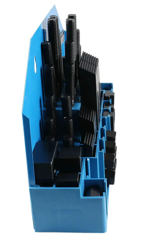 Side view of 58 Piece Steel Clamping Kit with Wall Holder for table slot 5/8 inch and stud size 1/2 inch, ideal for milling Accusize