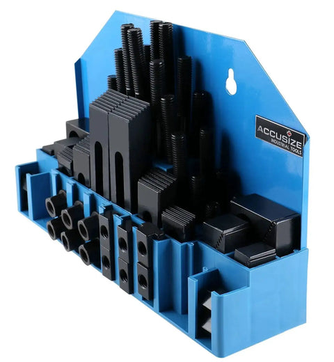 58 Piece Steel Clamping Kit With Wall Holder For Table Slot Five Eighths Inch And Stud Size One Half Inch With Thirteen Threads Per Inch Ideal For Heavy Duty Milling And Bridgeport Style Workpieces Accusize displayed on blue wall holder