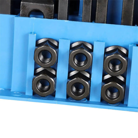 Hex nuts in Pro Series 58 Piece T Slot Hold Down Clamp Kit for Milling Machines on blue storage board