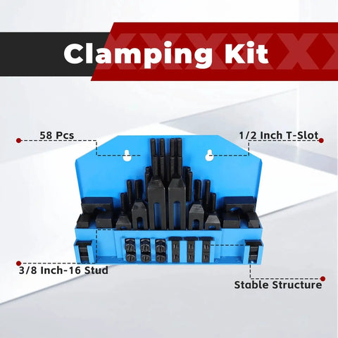58 Piece Pro Series One Half Inch T Slot Clamp Kit with 3/8-16 Thread Studs for Bridgeport Milling Machines in blue holder