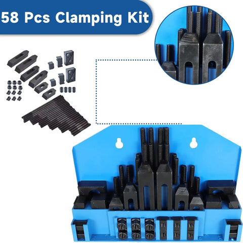 Pro Series 58 Piece Half Inch T Slot Three Eighths Inch Stud Clamping Kit for Bridgeport Mills on blue stand
