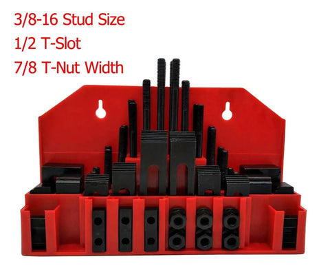 Front view of 58 Piece T Slot Clamping Kit For Milling Machines And Drill Presses With Hardened Steel Construction, shown in red holder.