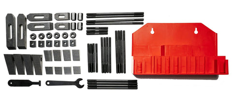 58 Piece T Slot Clamping Kit For Milling Machines Set With T Slot Cleaner And Tightening Wrench Built From Duty Cast Steel And Heat Treated Includes Studs T Nuts Flange Nuts Hold Downs For Seven Sixteenths Table Slot And Three Eighths Sixteen Stud Size on display