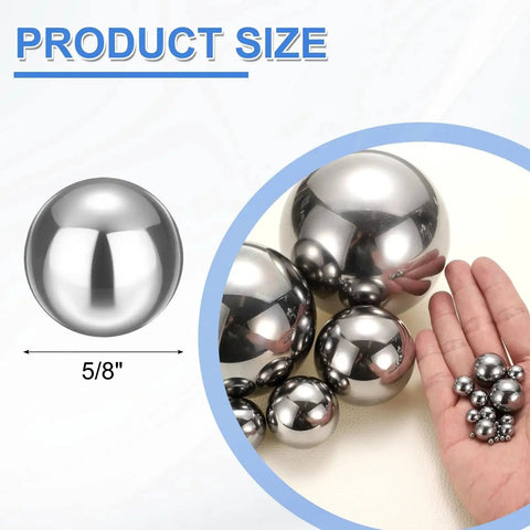 12 Pack Five Eighth Inch Chrome Steel Bearing Balls G25 Precision Grade, hand holding various sizes, shiny finish